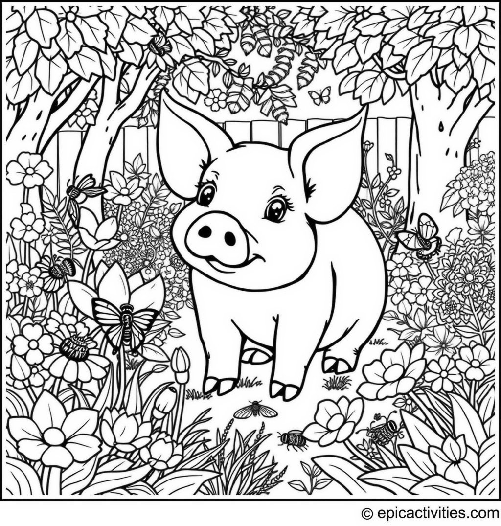 Coloring page of a Cute Pig in a Detailed Backyard Garden Playing with Butterflies and Bees
