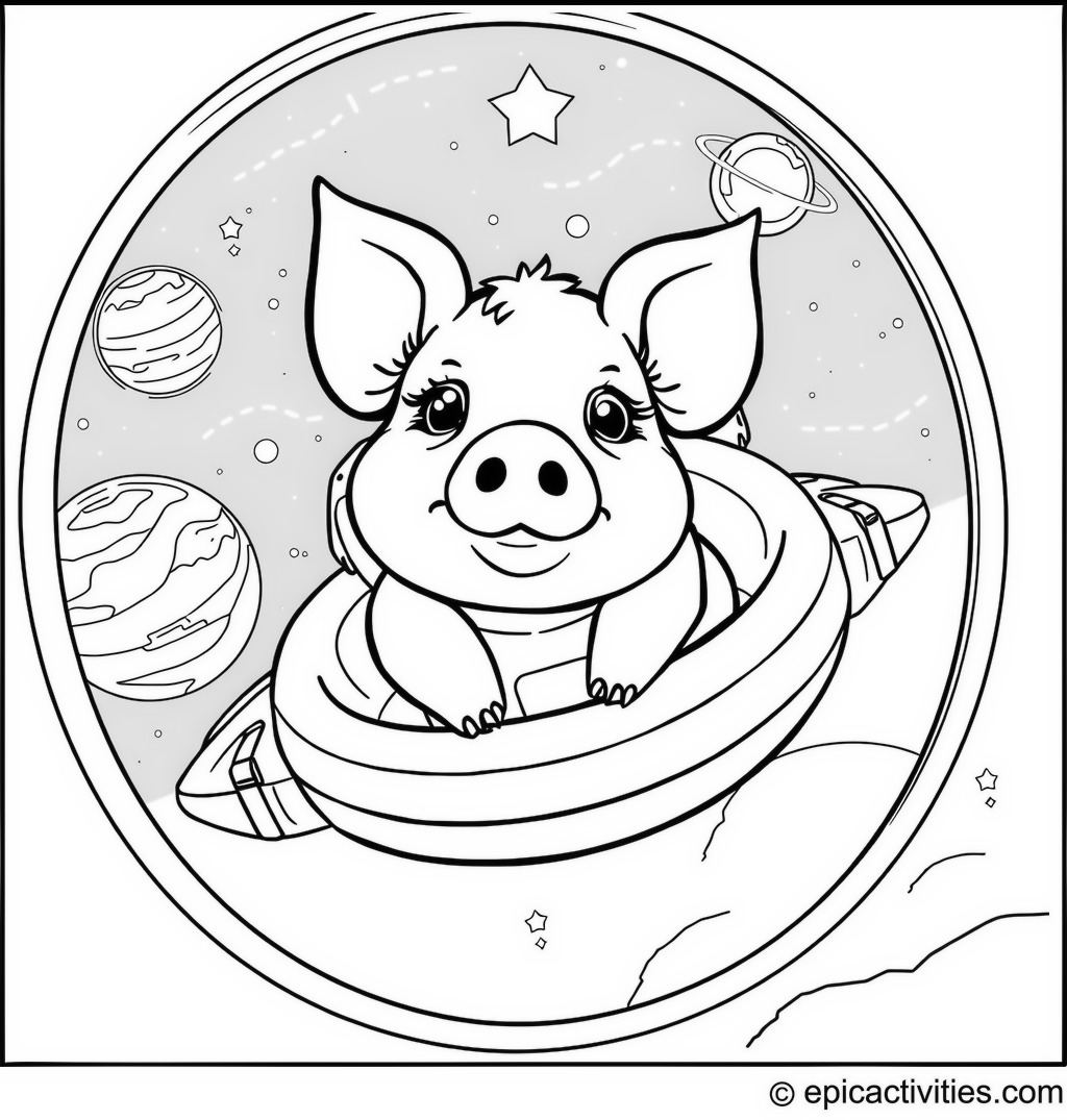 Coloring page of a Cute Pig in Space Adventure