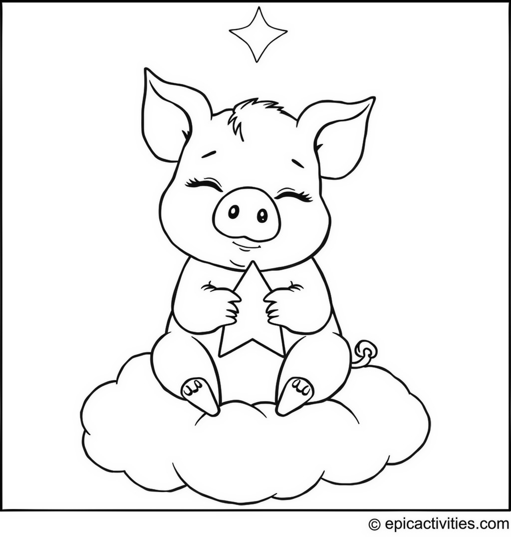 Coloring page of a Cute Pig on a Fluffy Cloud Holding a Star