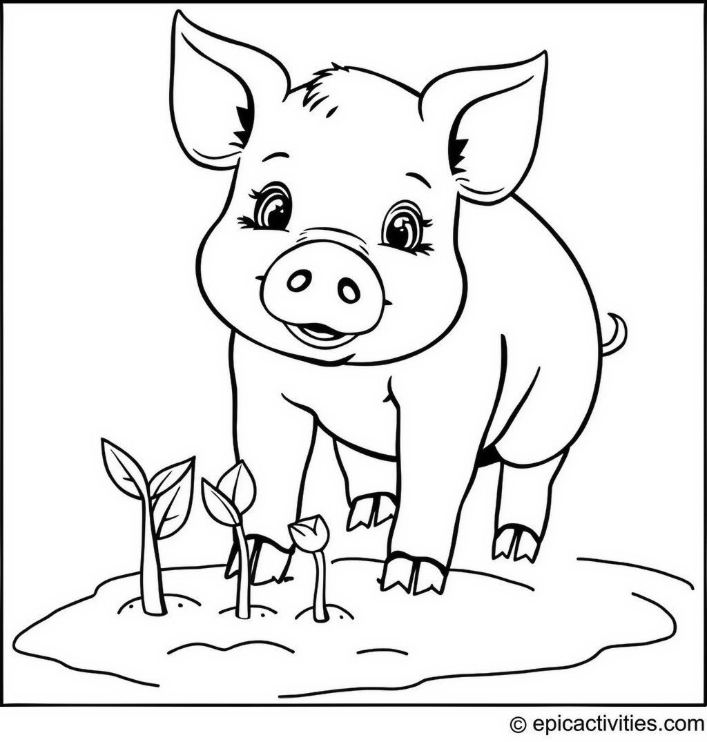 Coloring page of a cute pig planting a little garden with sprouts