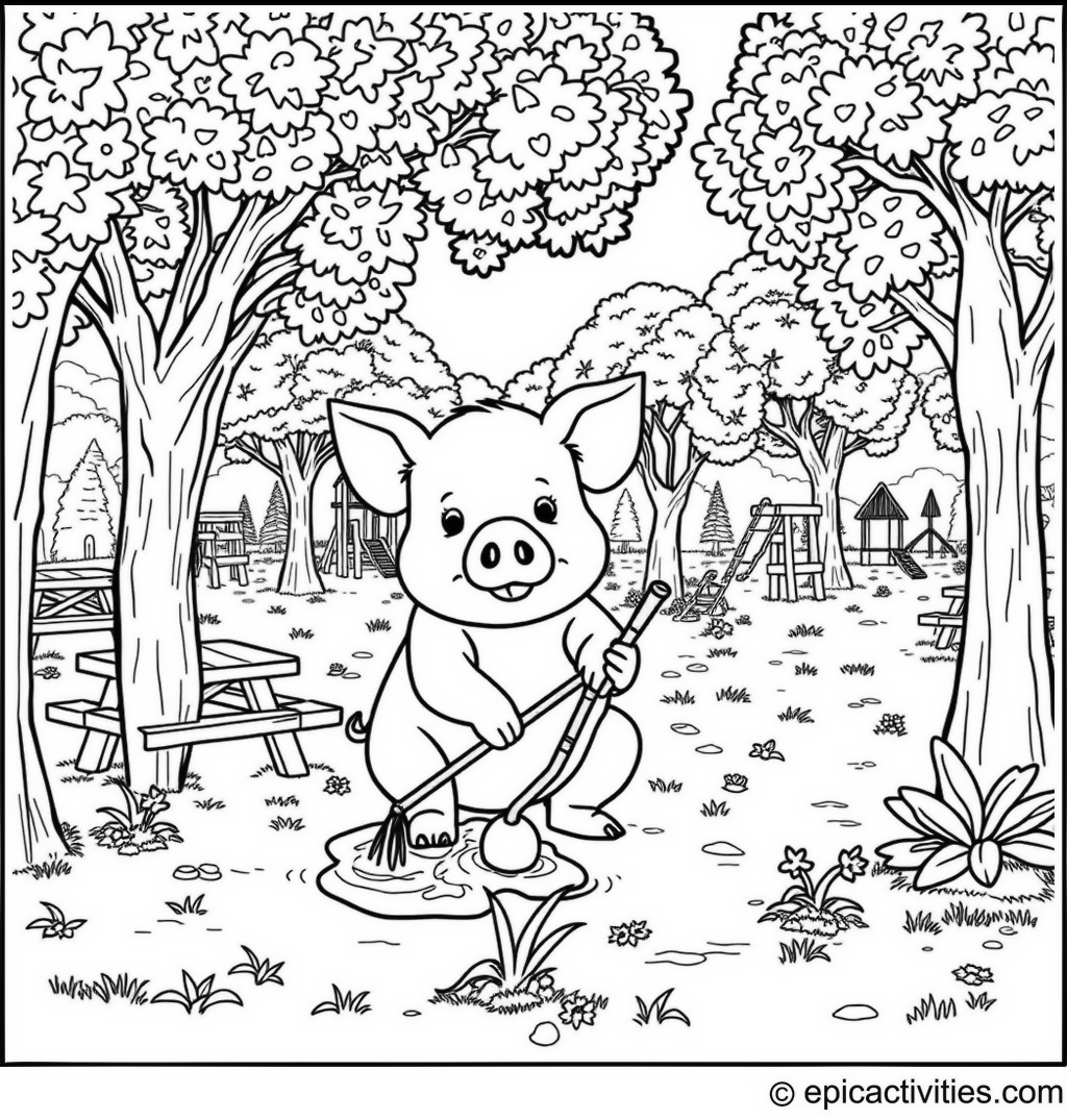 Coloring page of a Cute Pig Planting Trees in a Park Scene with Picnic Tables and Playground