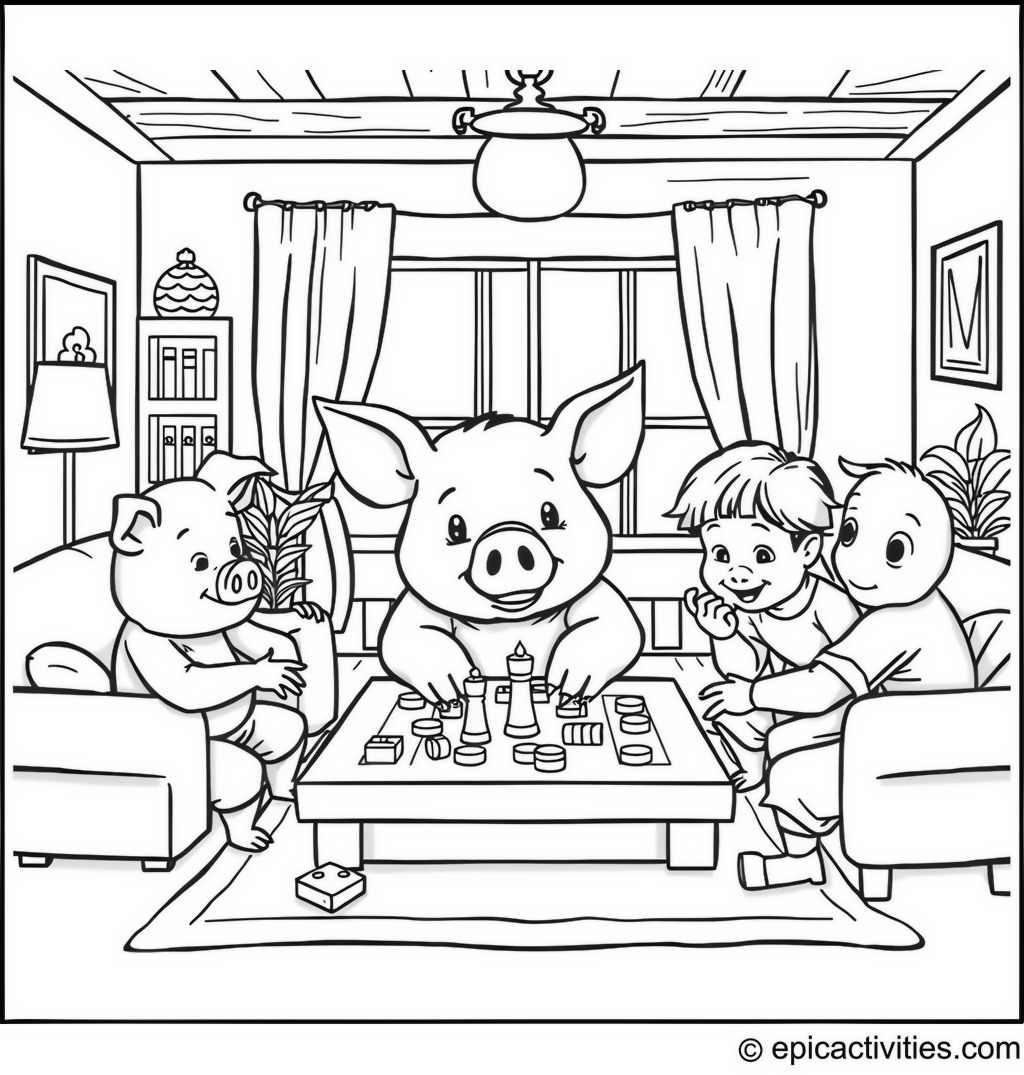 Coloring page of a Cute Pig Playing Board Games with Friends