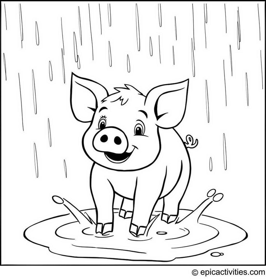 Coloring page of a Cute Pig Playing in a Splashy Puddle on a Rainy Cartoon Day