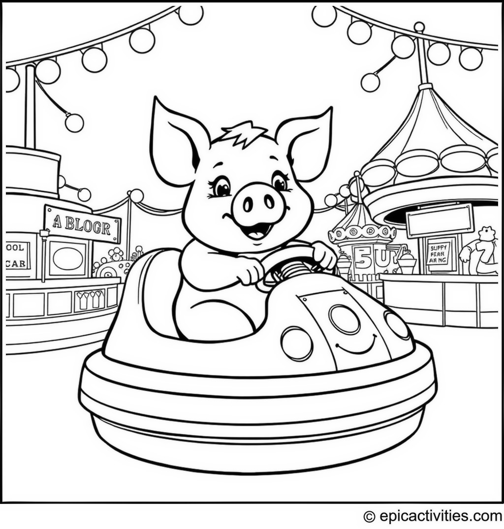 Coloring page of a Cute Pig Riding a Bumper Car at the Fair