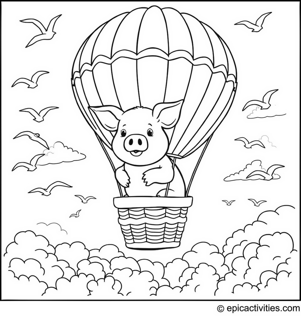 Coloring page of a Cute Pig Riding a Hot Air Balloon