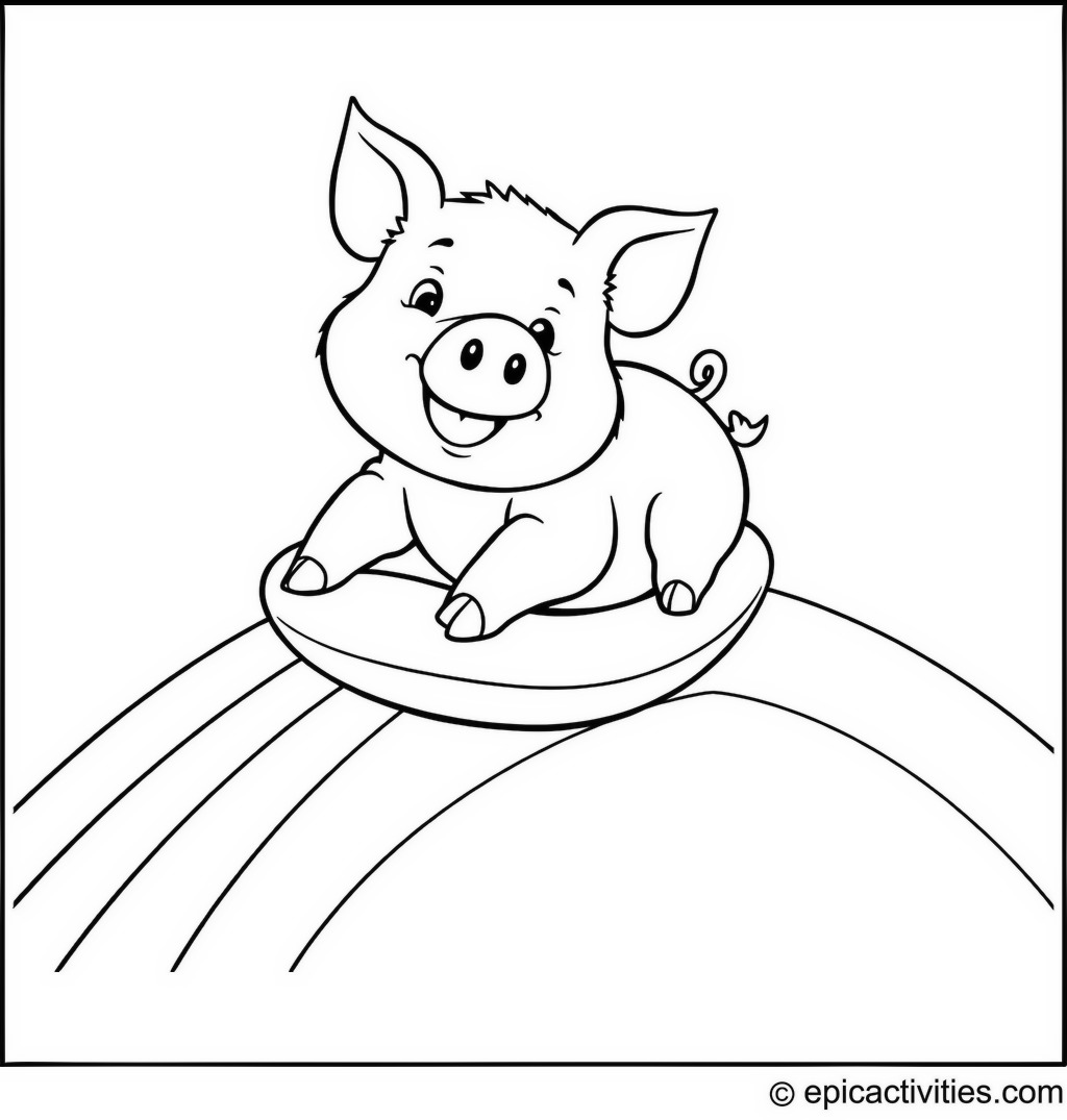 Coloring page of a cute pig sliding down a rainbow