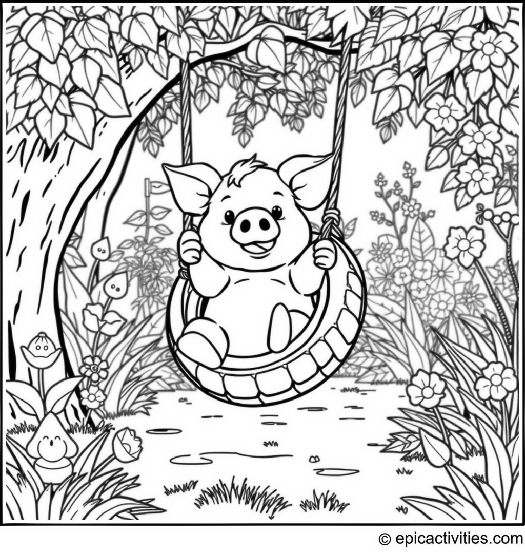 Coloring page of a Cute Pig Swinging on a Tire Swing in a Lush Cartoon Garden