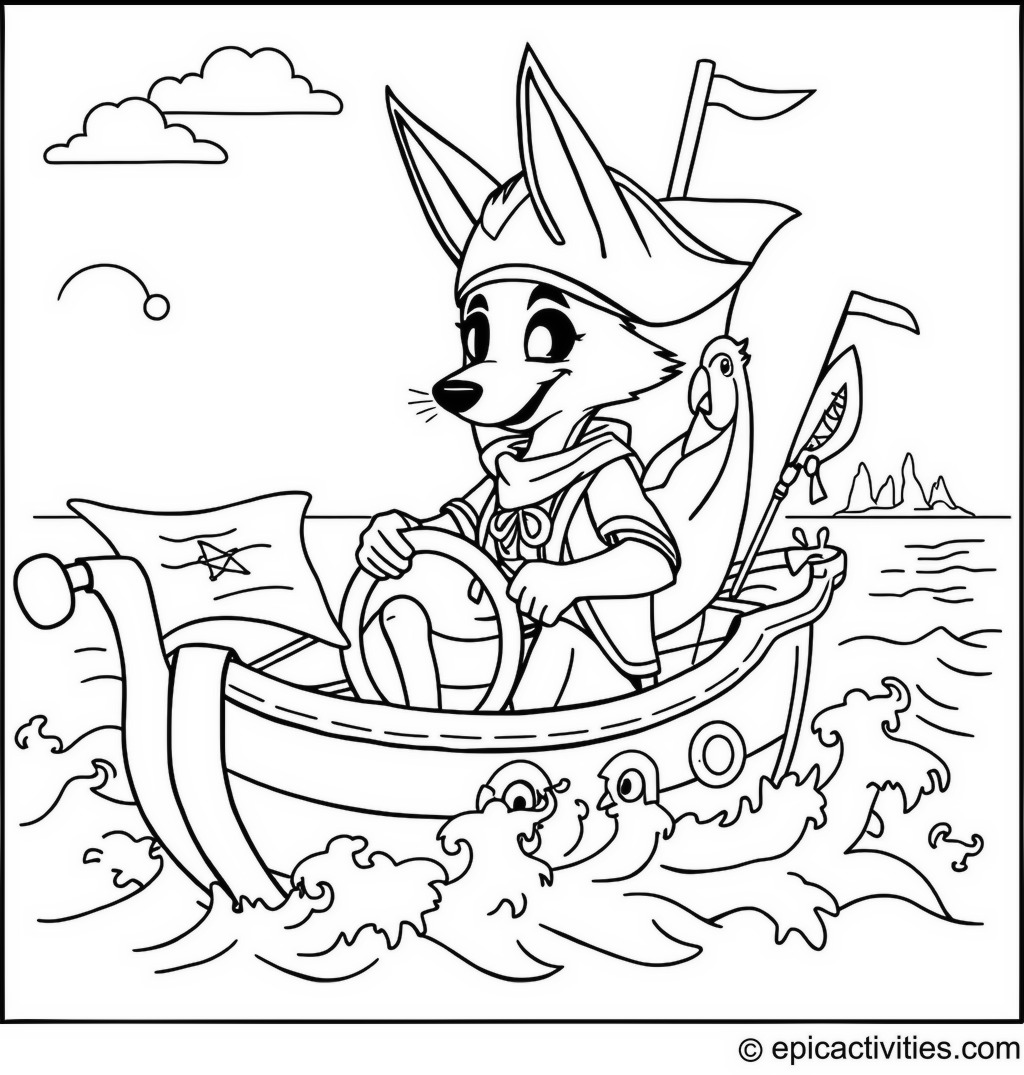 Coloring page of a Cute Pirate Coyote on a Treasure Hunt Adventure