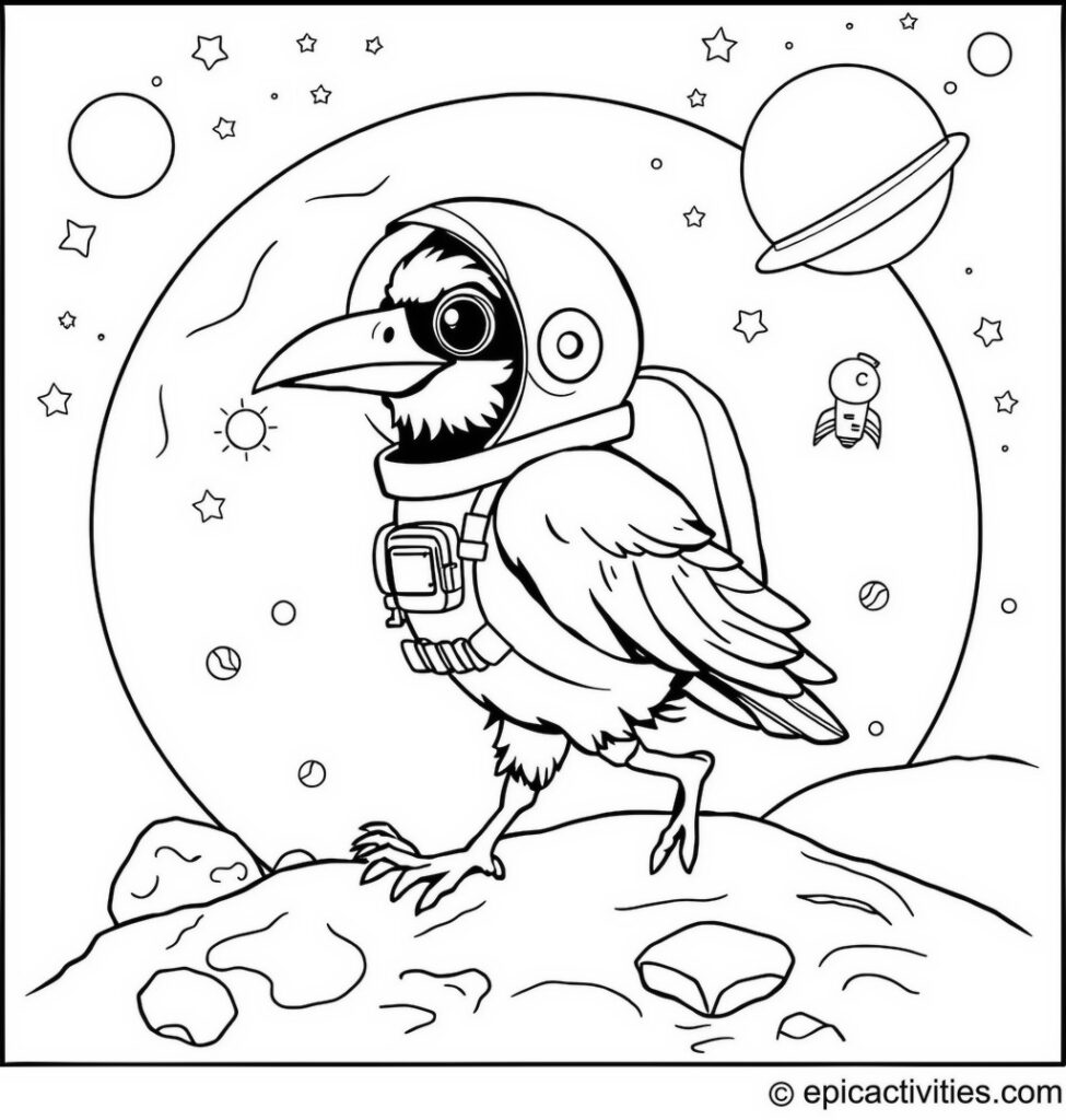 Coloring page of a Cute Raven Astronaut on the Moon
