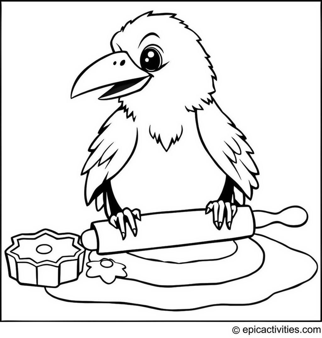 Coloring Page of a Cute Raven Baking Cookies