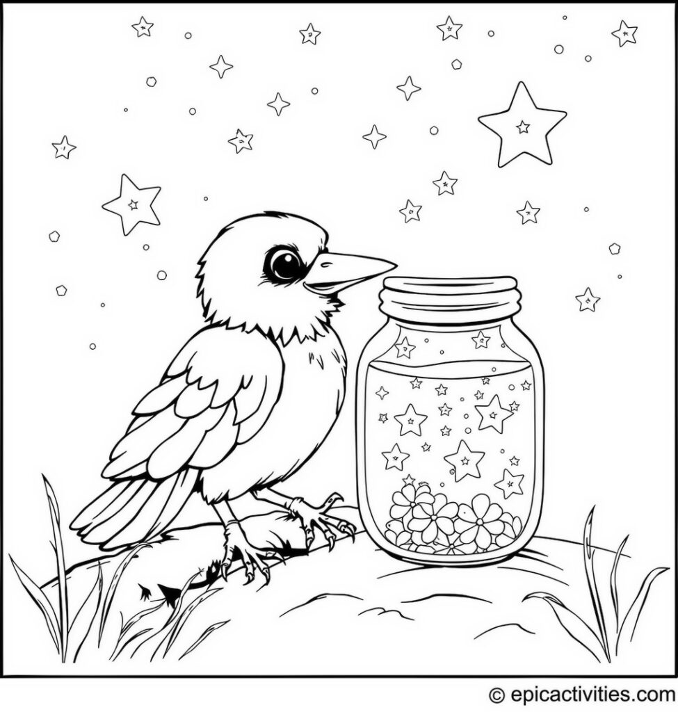 Coloring page of a cute raven catching fireflies in a jar during a starry night