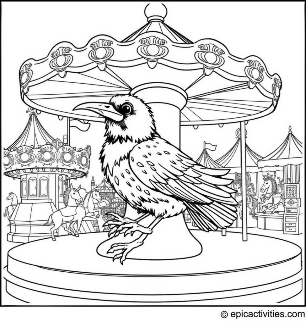 Coloring page of a Cute Raven Enjoying a Colorful Merry-Go-Round Adventure