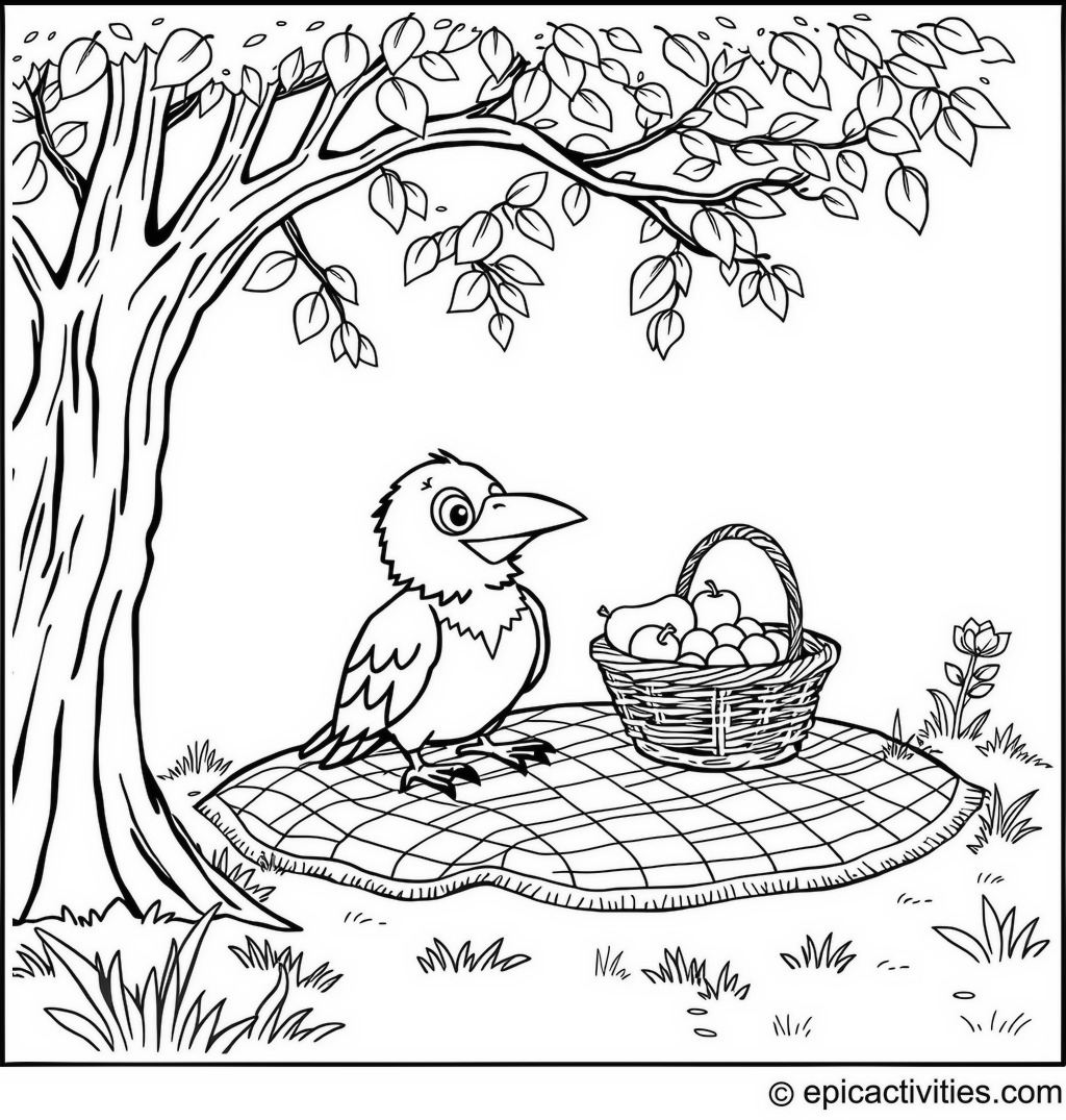 Coloring page of a cute raven enjoying a picnic under a tree