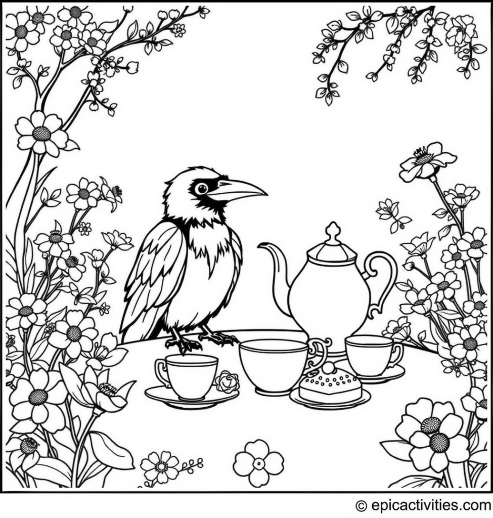 Coloring page of a cute raven enjoying a tea party