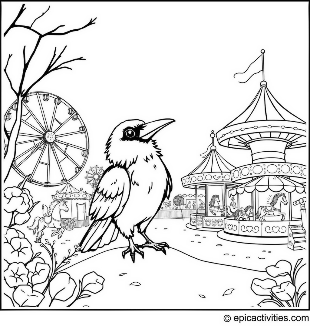 Coloring page of a cute raven exploring a carnival with Ferris wheels, carousel horses, and cotton candy stalls