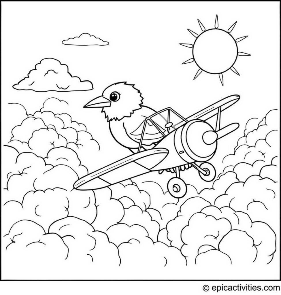 Coloring page of a cute raven flying a biplane through fluffy clouds