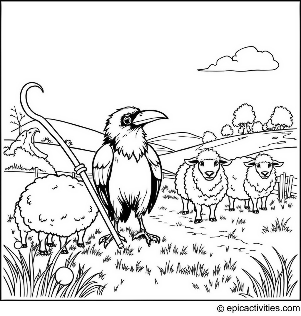 Coloring page of a Cute Raven Herding Sheep in the Countryside