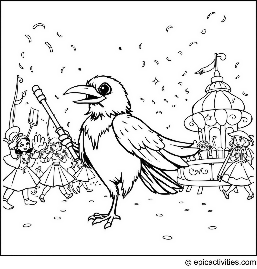 Coloring page of a cute raven leading a parade with baton and dancers