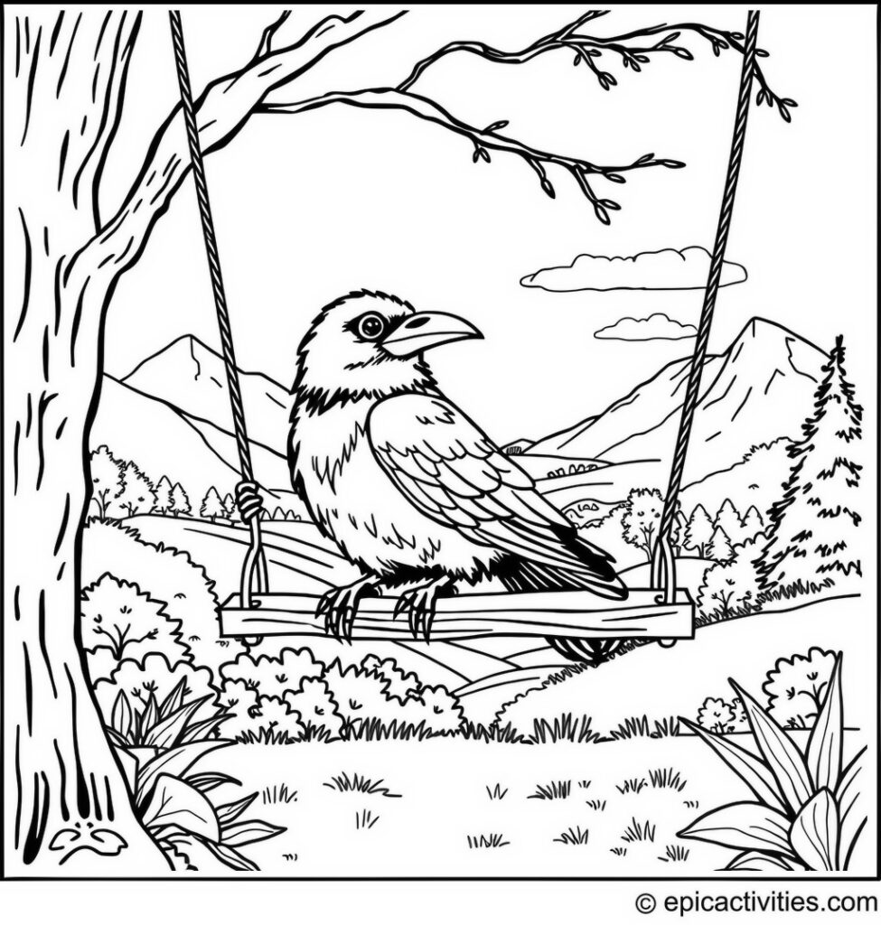 Coloring page of a cute raven on a swing with a picturesque landscape