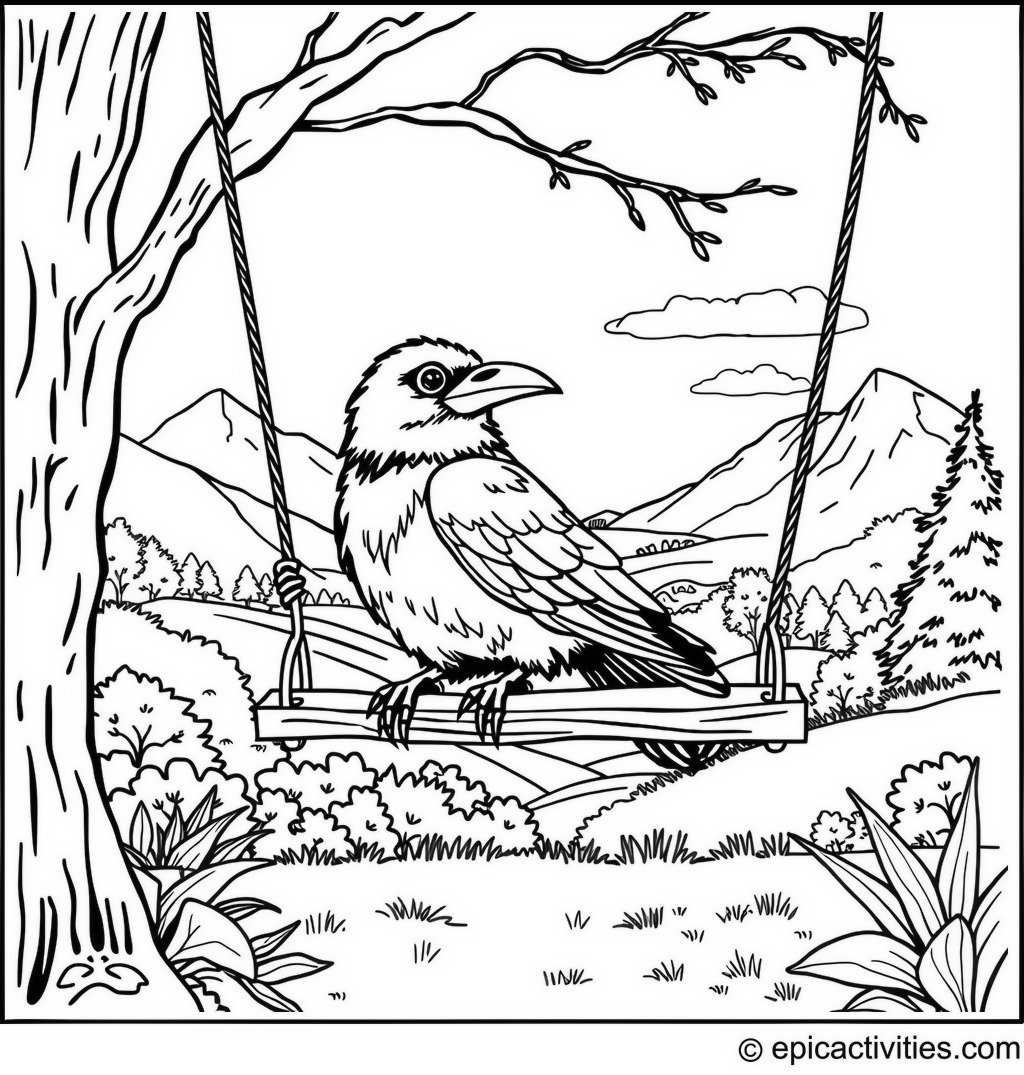 Coloring page of a cute raven on a swing with a picturesque landscape