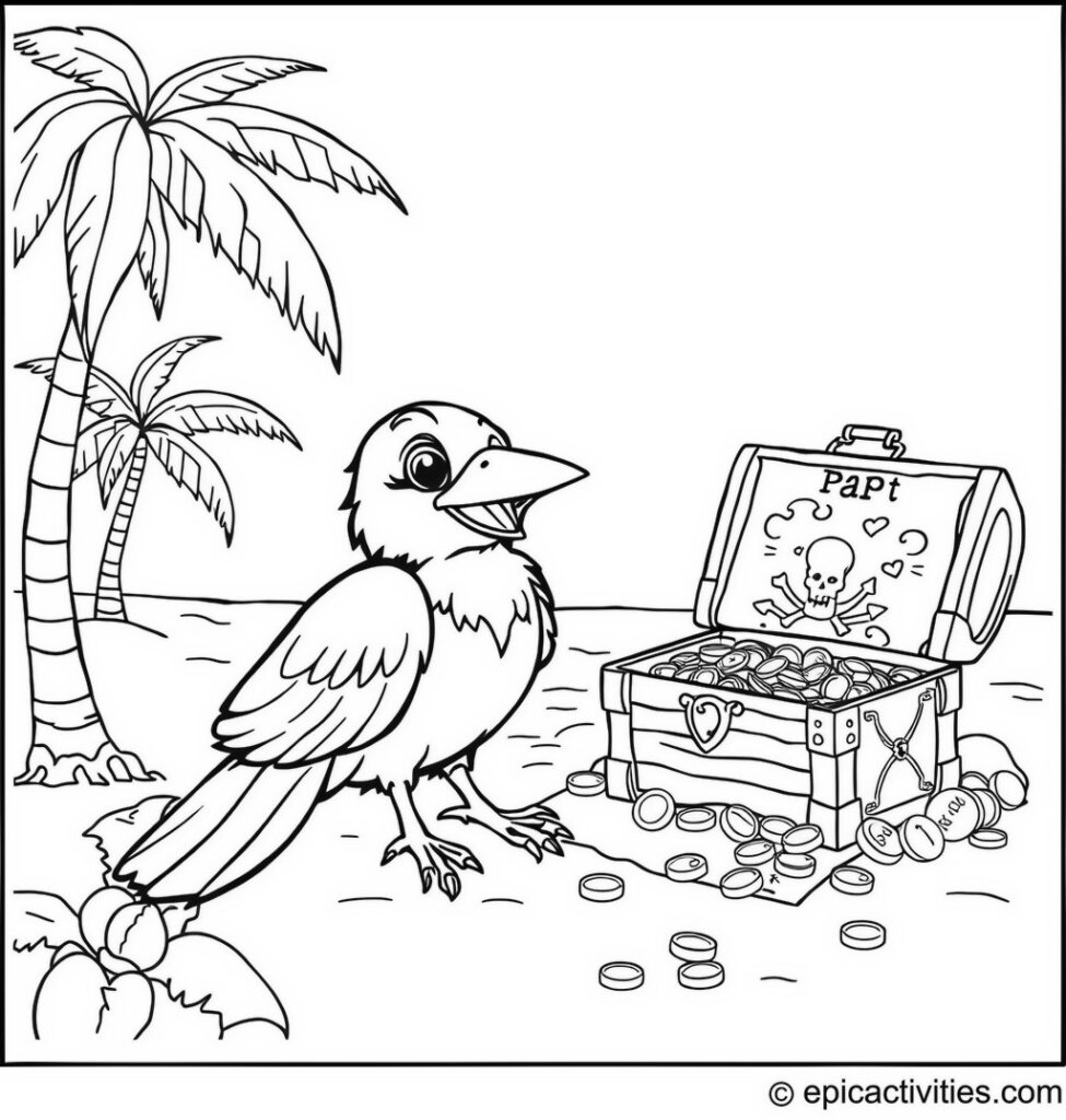 Coloring page of a Cute Raven on a Treasure Hunt with a Pirate Map