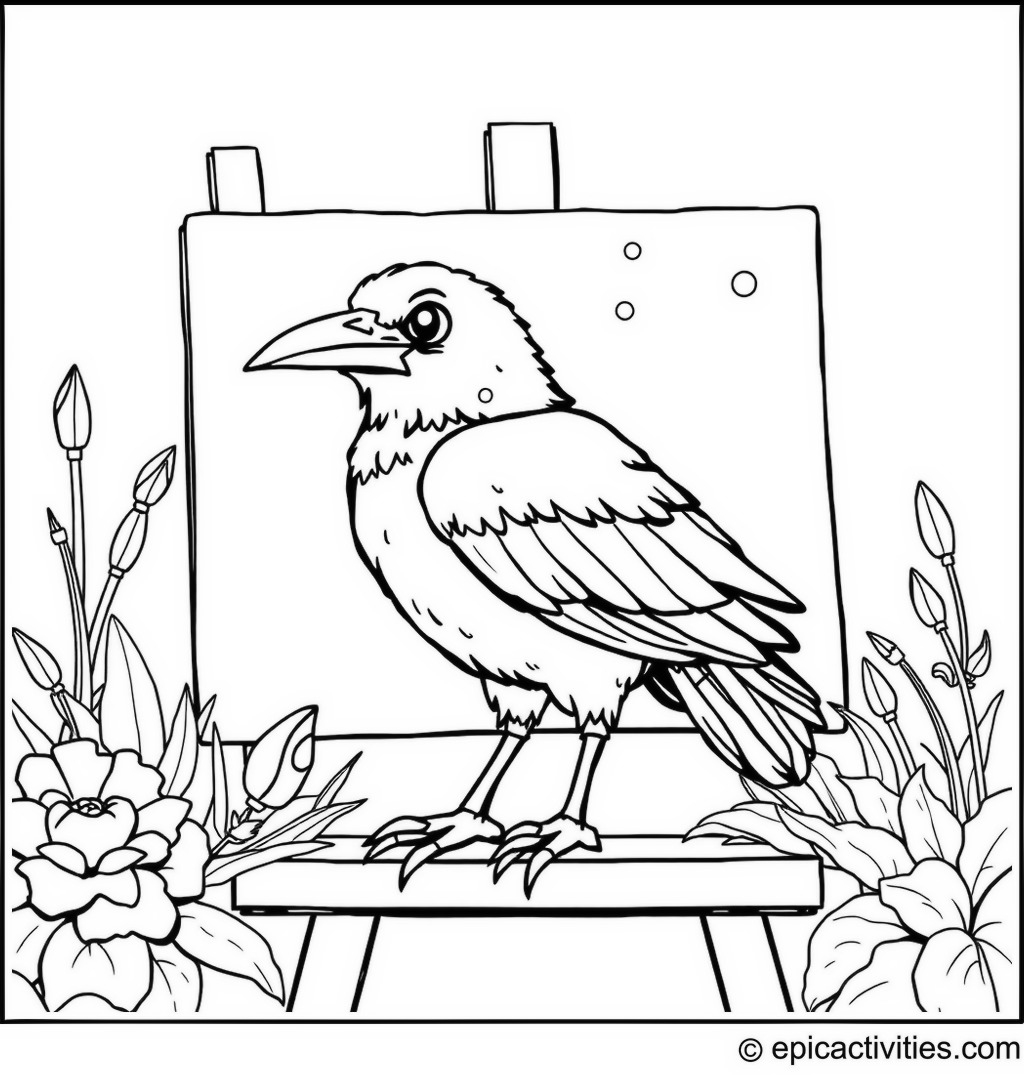 Coloring page of a cute raven on canvas with vibrant colors