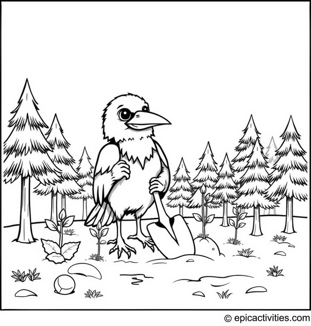 Coloring page of a Cute Raven Planting Trees with a Spade and Saplings