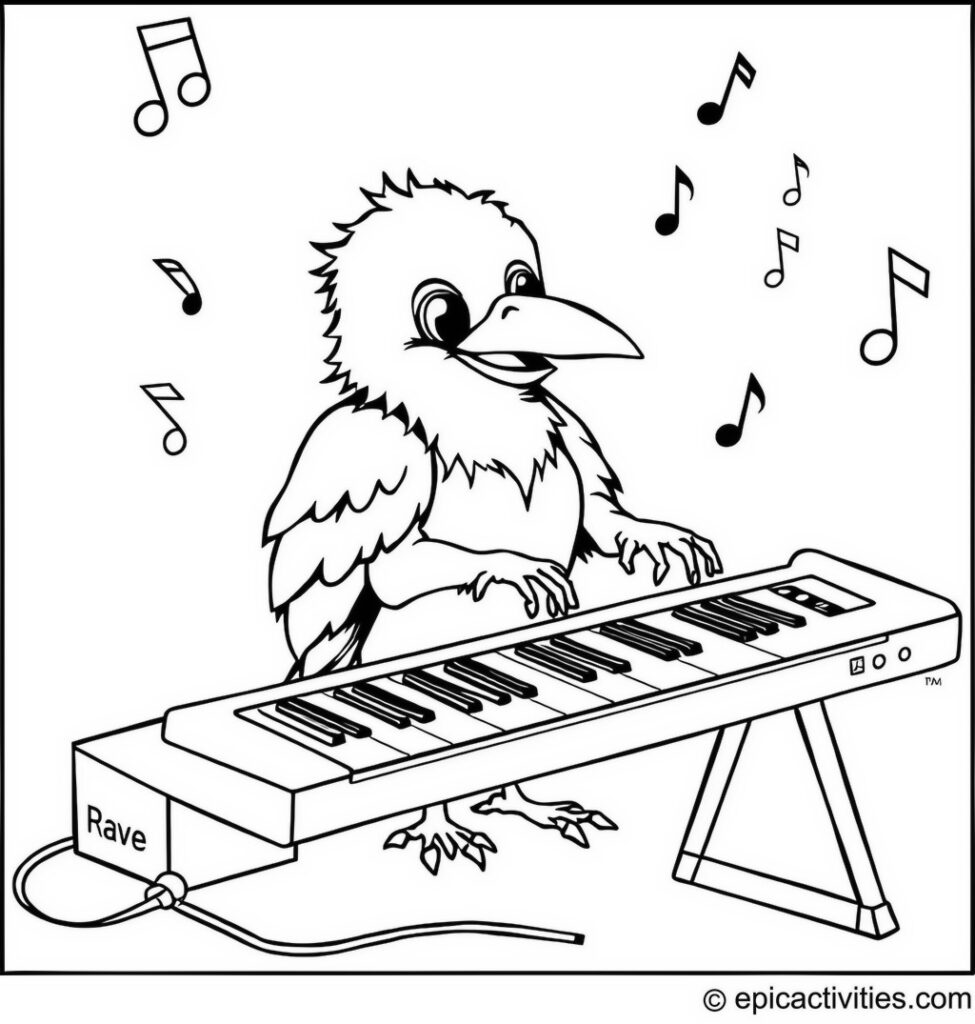 Coloring page of a cute raven playing a keyboard with musical notes