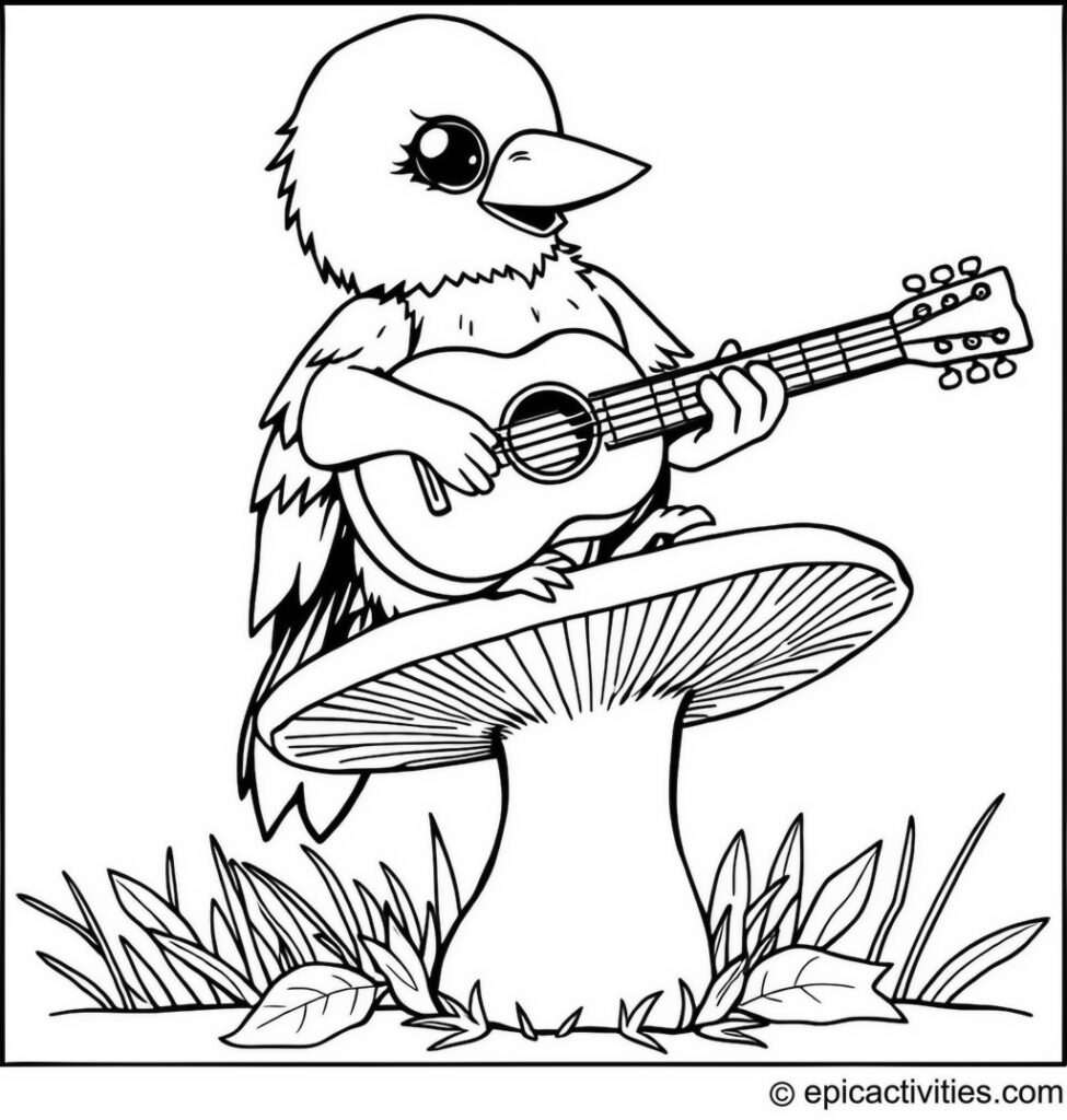 Coloring page of a Cute Raven Playing Guitar on a Toadstool
