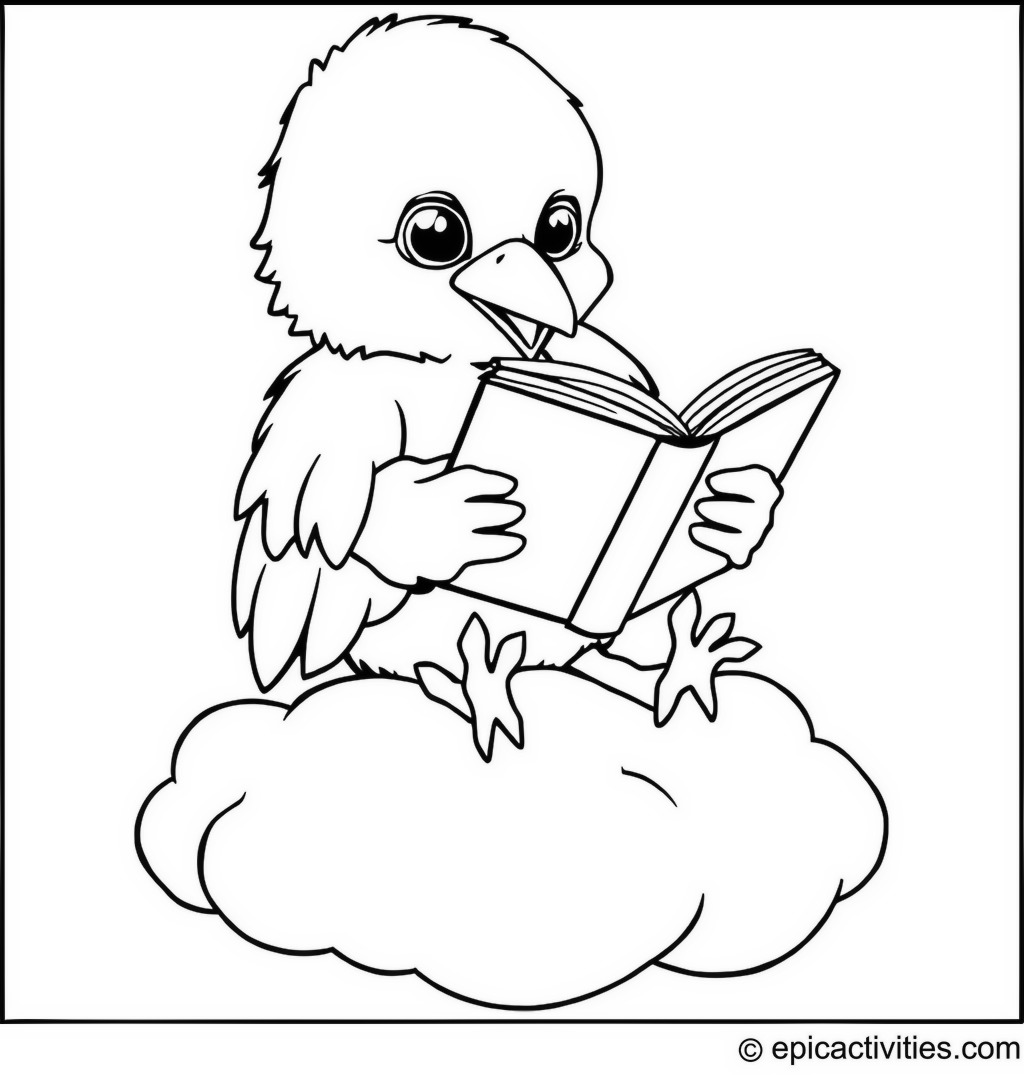 Coloring page of a cute raven reading a tiny book on a fluffy cloud