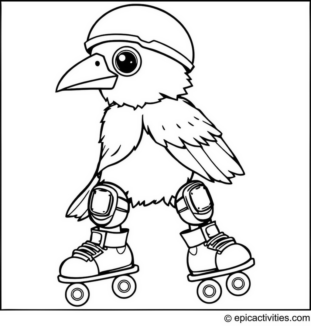 Coloring page of a cute raven roller-skating with knee pads and a helmet