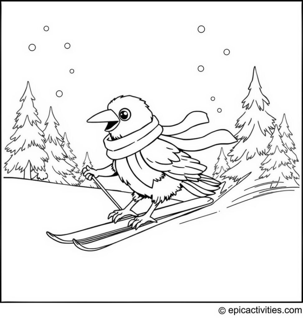 Coloring page of a cute raven skiing in the snow