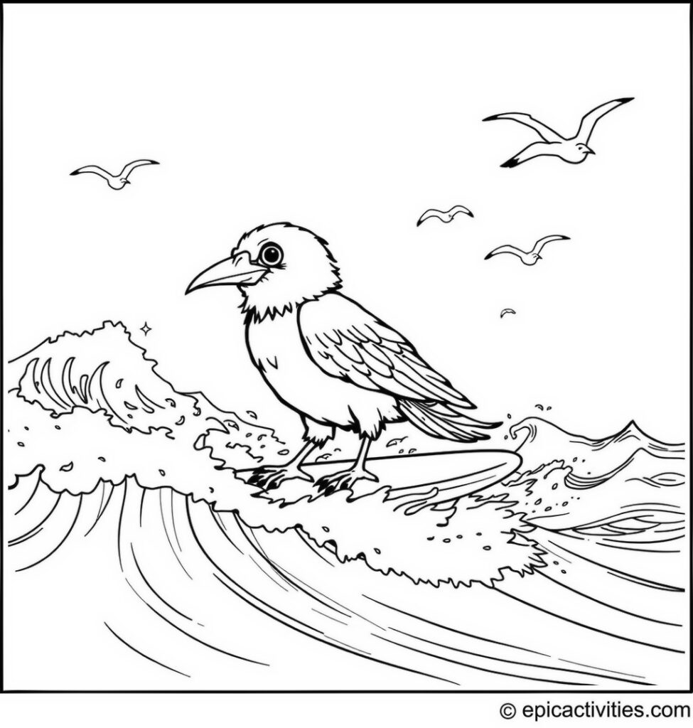Coloring page of a cute raven surfing on ocean waves with a surfboard and seagulls