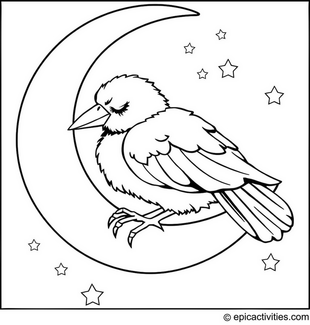 Coloring page of a cute raven taking a nap on a crescent moon with twinkling stars