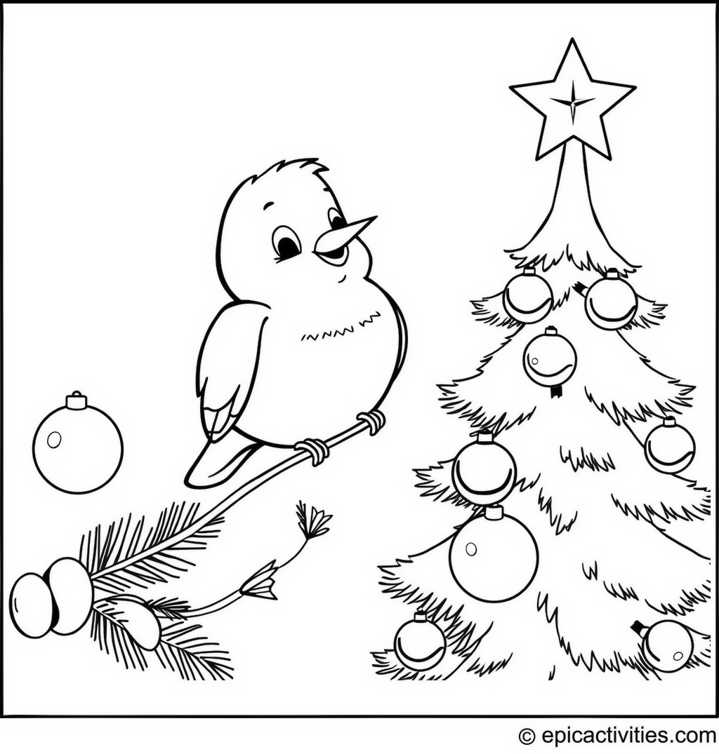 Coloring page of a Cute Robin Decorating a Christmas Tree