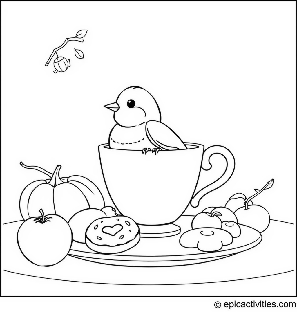 Coloring page of a Cute Robin in a Teacup Scene with Fruits and Cookies