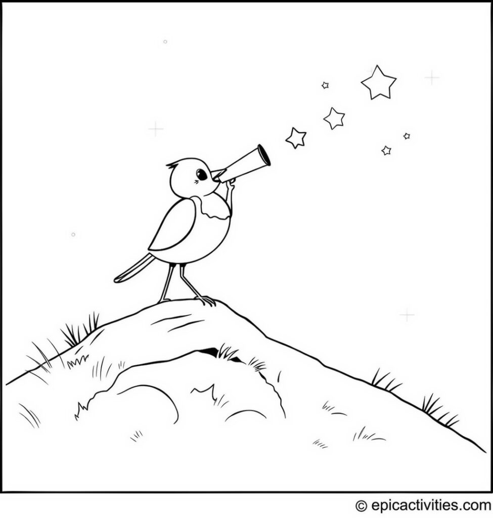 Coloring page of a Cute Robin Looking at Stars Through a Telescope