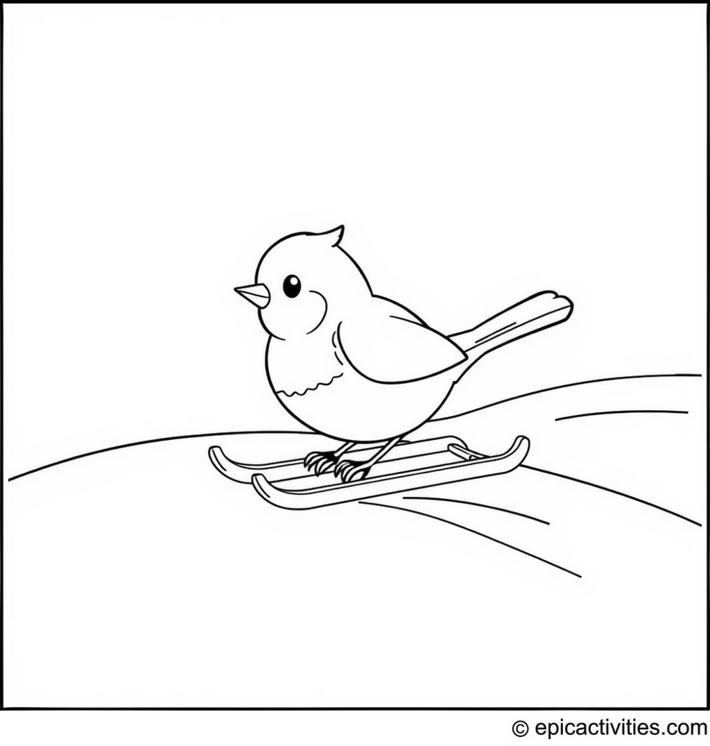 Coloring page of a Cute Robin Sledding in the Snow