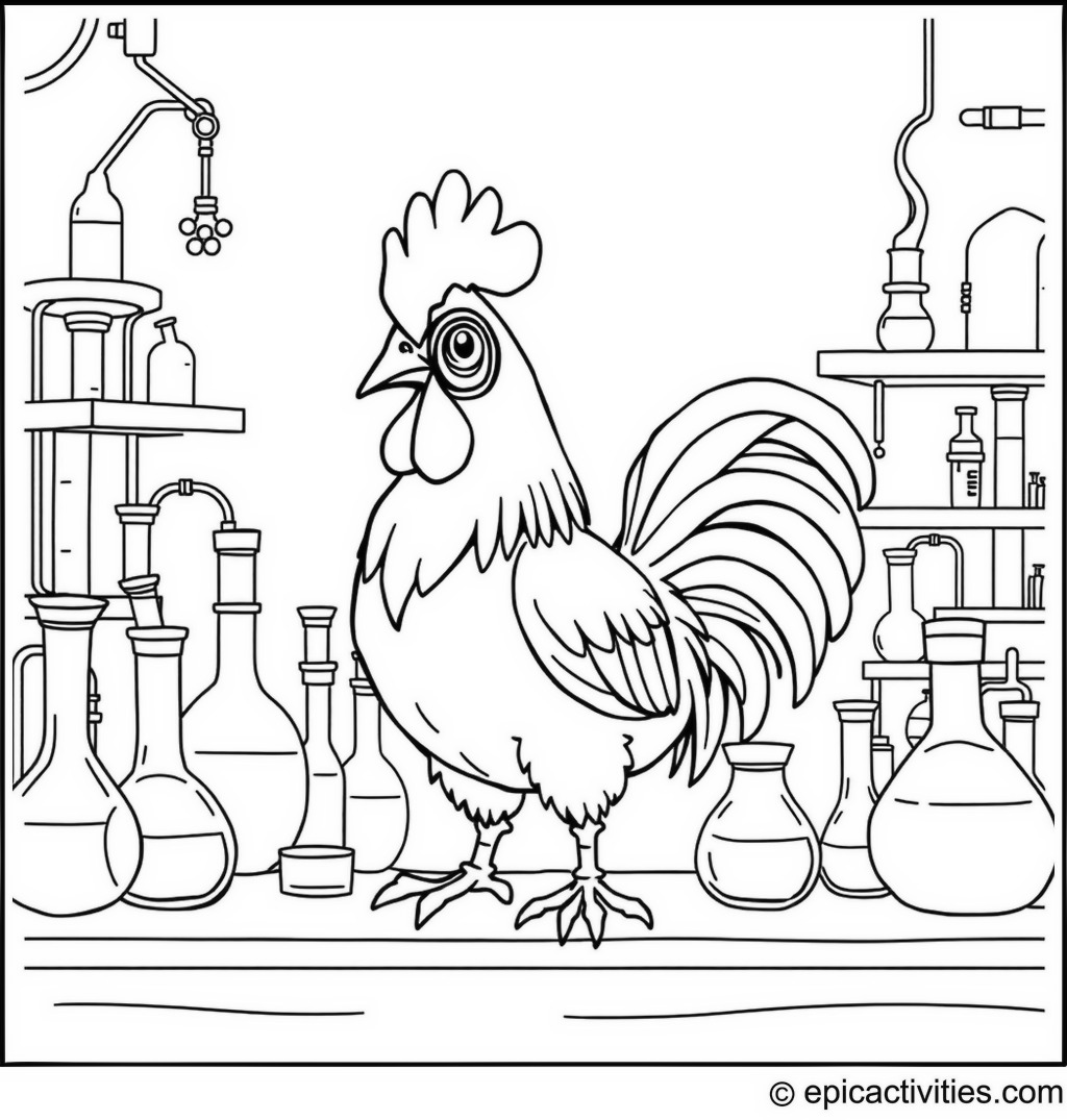 Coloring page of a cute rooster as a scientist in a laboratory