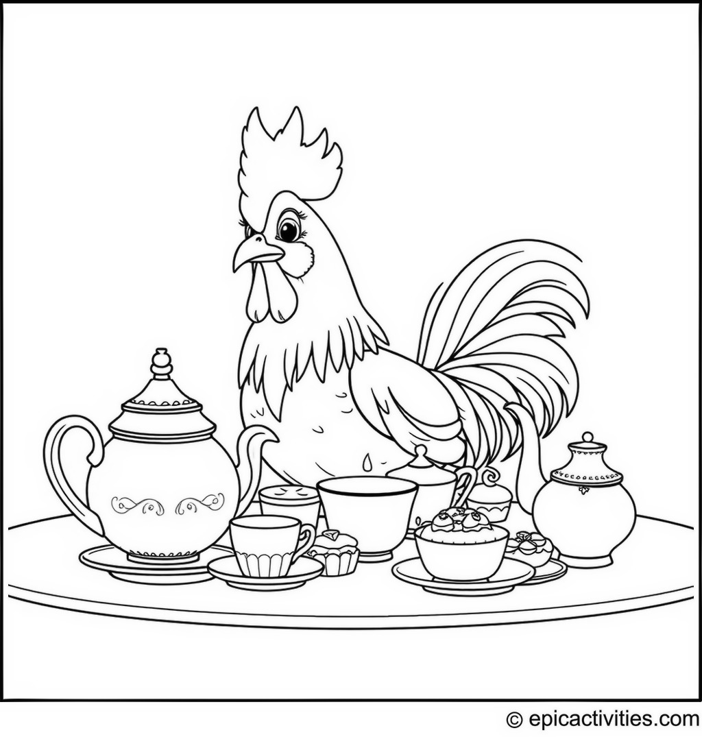 Coloring page of a Cute Rooster at a Fancy Tea Party