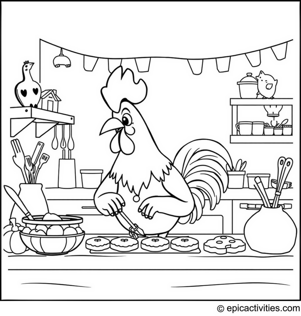 Coloring page of a cute rooster baking cookies in a cartoon kitchen with farm animal decorations