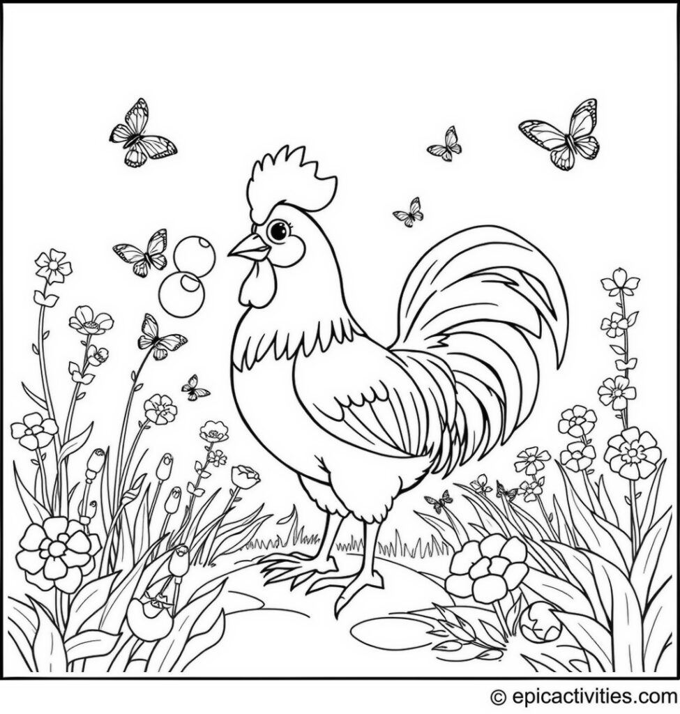 Coloring page of a Cute Rooster Blowing Bubbles in a Whimsical Garden with Butterflies