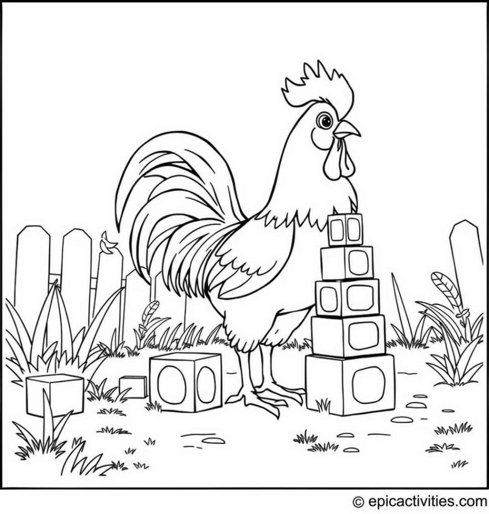 Coloring page of a Cute Rooster Building a Colorful Block Stack in a Sunny Yard