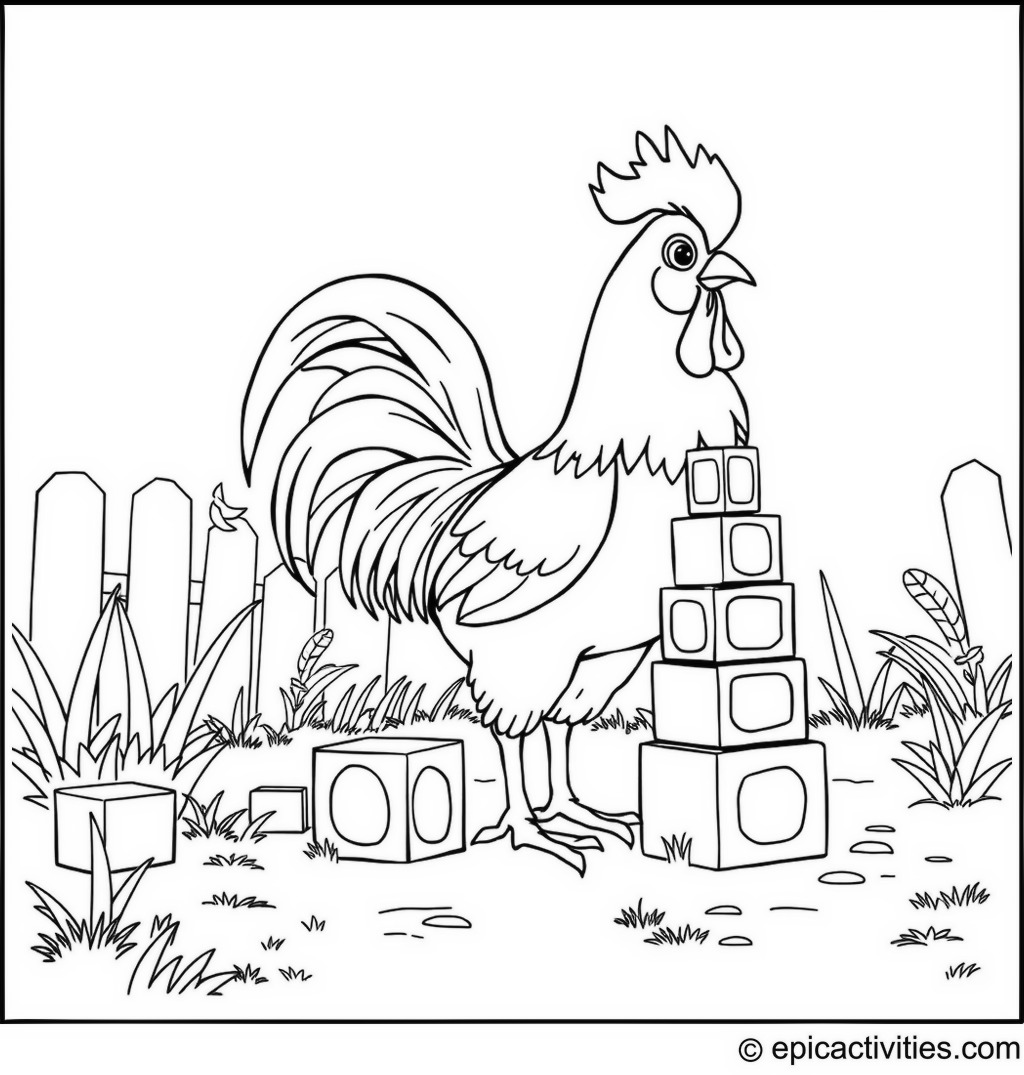 Coloring page of a Cute Rooster Building a Colorful Block Stack in a Sunny Yard