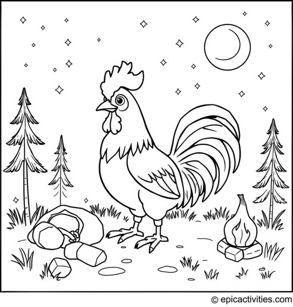 Coloring page of a Cute Rooster Camping Under the Stars