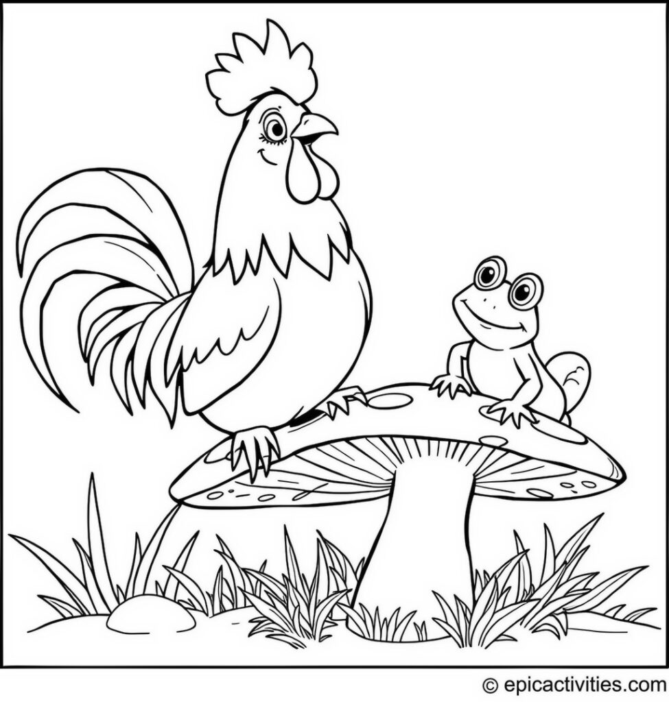 Coloring page of a cute rooster chatting with a frog on a toadstool
