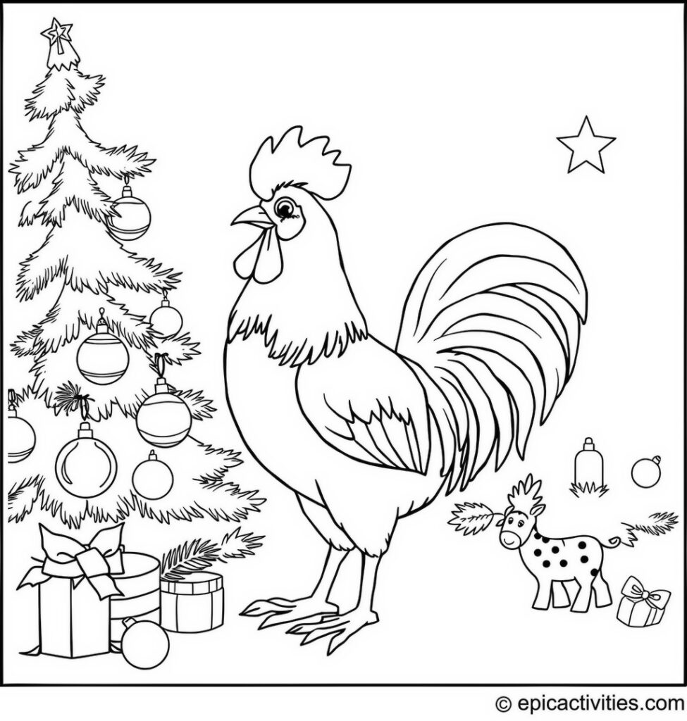 Coloring page of a cute rooster decorating a Christmas tree with farm animal ornaments