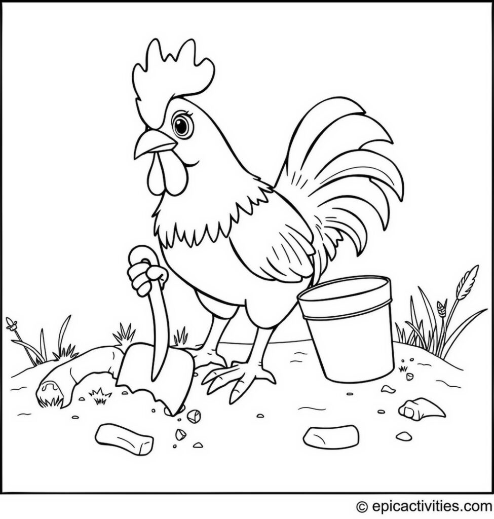 Coloring page of a Cute Rooster Digging for Dinosaur Bones
