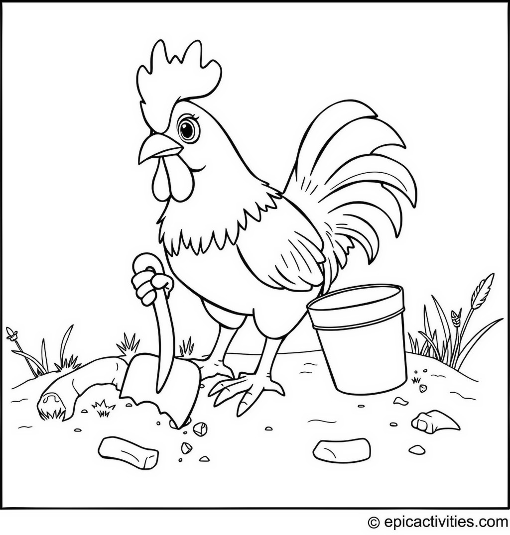Coloring page of a Cute Rooster Digging for Dinosaur Bones