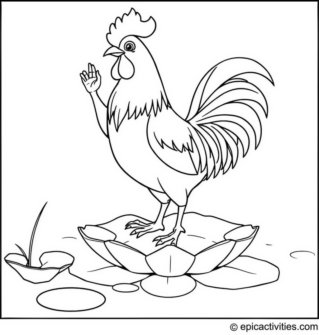 Coloring page of a cute rooster doing yoga on a lily pad
